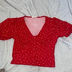 Red Floral V Neck shirt
